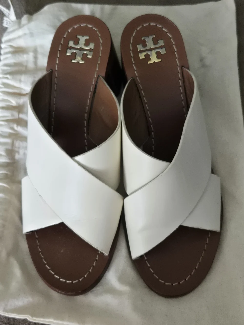 Tory Burch White Leather Crisscross Slide Sandals